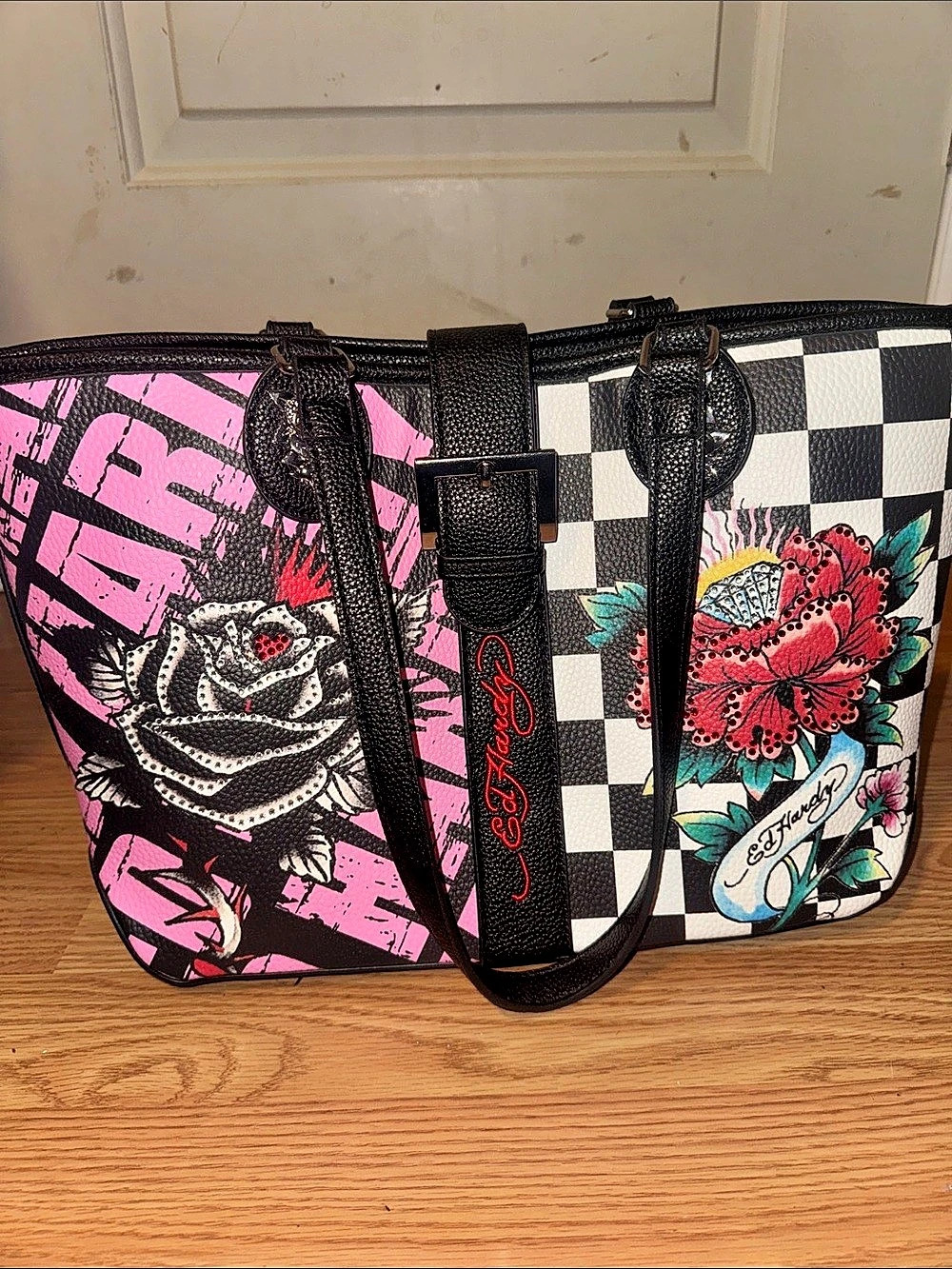 Ed Hardy Checkered Graphic Tote in Black & Pink